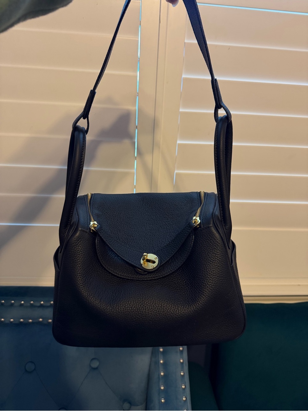 Black Leather Shoulder Bag with Gold Hardware
